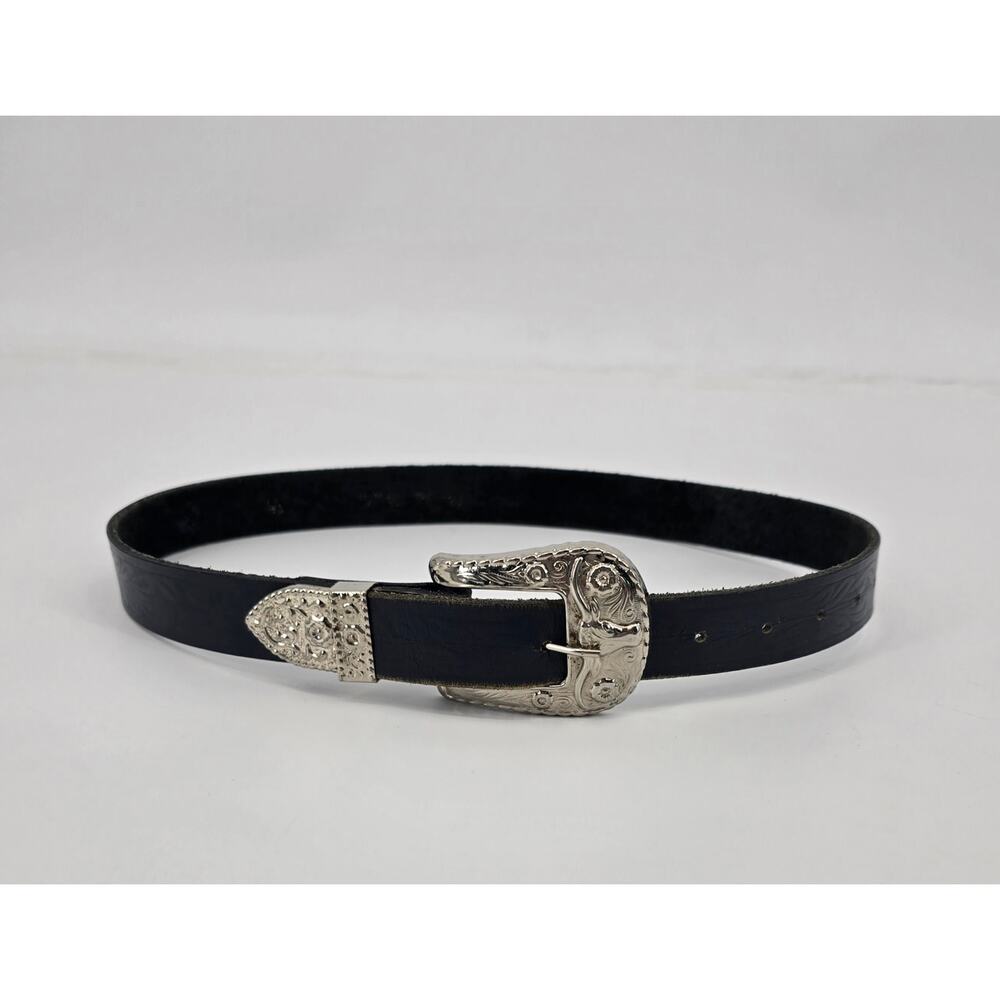 Vintage Black Leather Western Belt Silver Long Horn Engraved Buckle Cowgirl Y2K